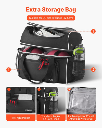 Bowling Ball Bag, 2 Ball Four Roller Bowling Bag with Wheels, Featuring a Separate Compartment for Shoes (Up To US Size 16) & Oversized Accessory Pocket, Retractable Handle Extends to 950 mm