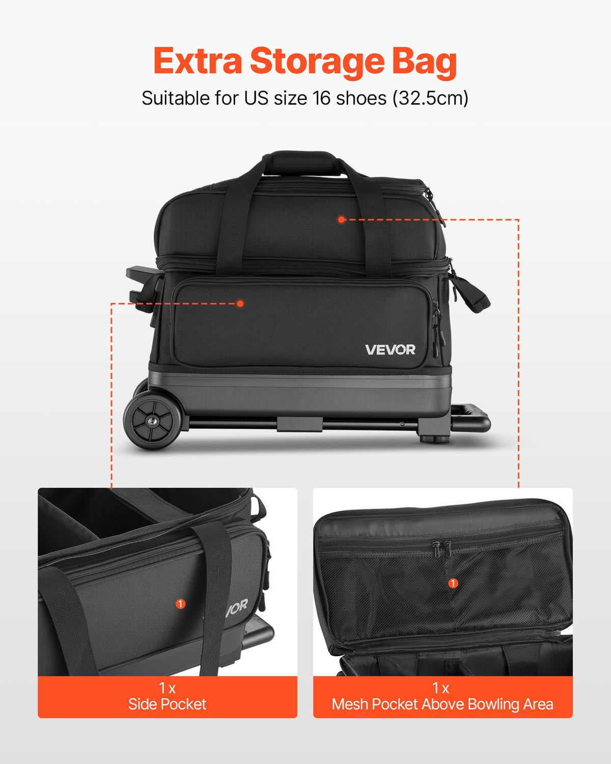 Bowling Ball Bag, 2 Ball Double Roller Bowling Bag with Wheels, Featuring a Separate Compartment for Shoes (Up To US Size 16) & Oversized Accessory Pocket, Retractable Handle Extends to 1050 mm