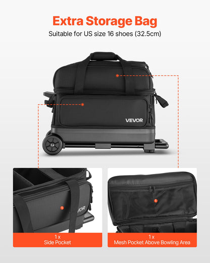 Bowling Ball Bag, 2 Ball Double Roller Bowling Bag with Wheels, Featuring a Separate Compartment for Shoes (Up To US Size 16) & Oversized Accessory Pocket, Retractable Handle Extends to 1050 mm