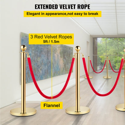 Set med 2 guldfärgade runda kökontrollstolpar, säkerhetsstolpar, repavdelare i rostfritt stål med 1,5 m rött sammetsrep, 4-pack