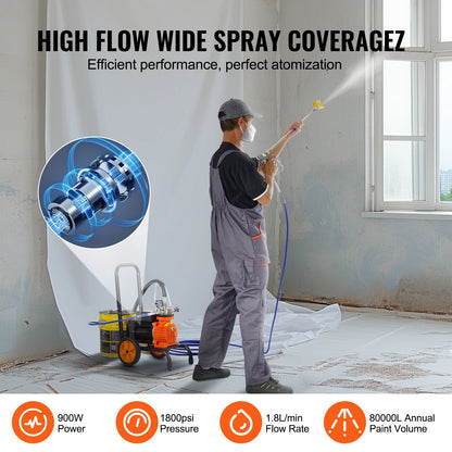 Diaphragm Airless Paint Sprayer, 900 W Efficiency Cart Airless Paint Sprayer, 1800 psi High Pressure Paint Airless Sprayer, with Extension Bar, for Home Interior and Exterior Spraying