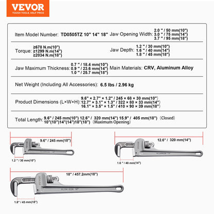 3-delad rörtängersats, 10" 14" 18" rak rörtänger i aluminium, justerbar VVS-nyckel, med höghållfast käft och ergonomiskt handtag, upphängbar design, för vattenrör, bilreparationer