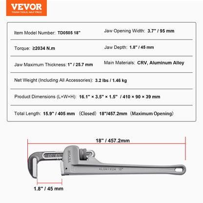 Rörtång, 18" rak rörtång i aluminium, justerbar VVS-nyckel, med höghållfast käft och ergonomiskt handtag, lätt att bära, hängbar design, för vattenrör, bilreparationer