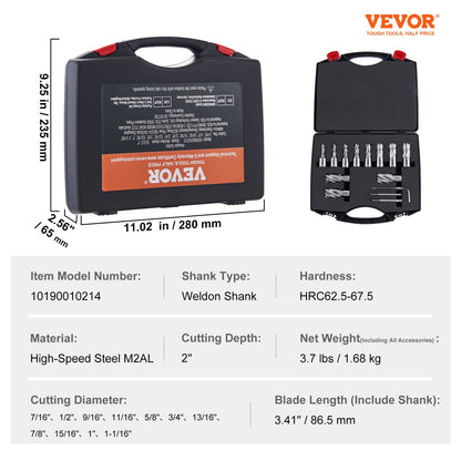 Annular Cutter Set, 13 pcs Weldon Shank Mag Drill Bits, 5.1 cm Cutting Depth, 1.1 to 1-2.7 cm Cutting Diameter, M2AL HSS, with 2 Pilot Pins, Hex Wrench and Portable Case, for Using with Magnetic Dr