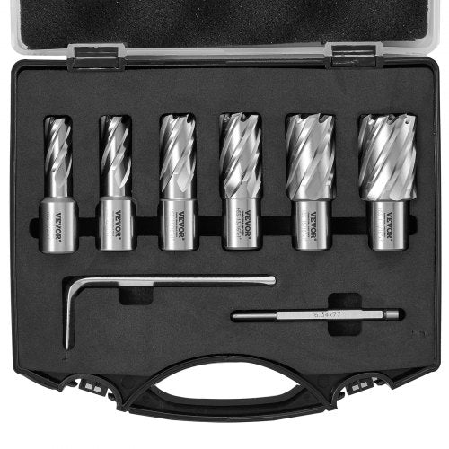 Ringformad frässats, 6 st. Weldon-skaftmagnetborrar, 2,5 cm skärdjup, 1,27 till 1–2,7 cm skärdiameter, M2AL snabbstål, med pilotstift och bärbar väska, för användning med magnetborrar