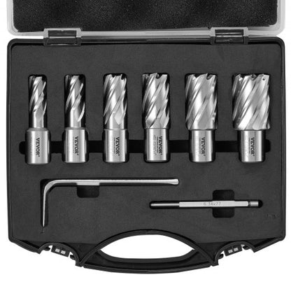 Ringformad frässats, 6 st. Weldon-skaftmagnetborrar, 2,5 cm skärdjup, 1,27 till 1–2,7 cm skärdiameter, M2AL snabbstål, med pilotstift och bärbar väska, för användning med magnetborrar