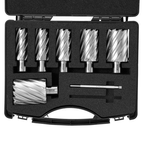 Ringformad frässats, 6 st. Weldon-skaftmagazinborrar, 5 cm skärdjup, 2,5 till 5 cm skärdiameter, M2AL snabbstål, med 2 pilotstift och bärbar väska, för användning med magnetiska borrar