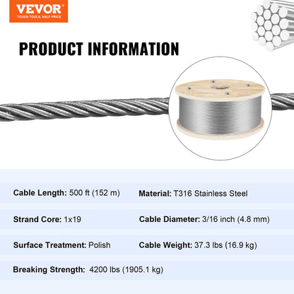 316 rostfritt stålvajer, 500 fot lång, stålvajer 3/16 tum, stålvajerräcke med 1x19 trådar, konstruktion, 4700 lbs brottstyrka för trappor, ledstänger, klädlina