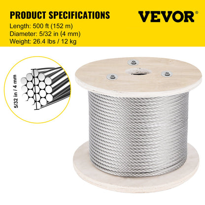 316 rostfritt stålvajer, 500 fot rostfritt stålvajer med 5/32 tums diameter och 1x19 konstruktion, 3300 pund brottstyrka stålvajer för utomhusräcke, altan, gör-det-själv-balustrad