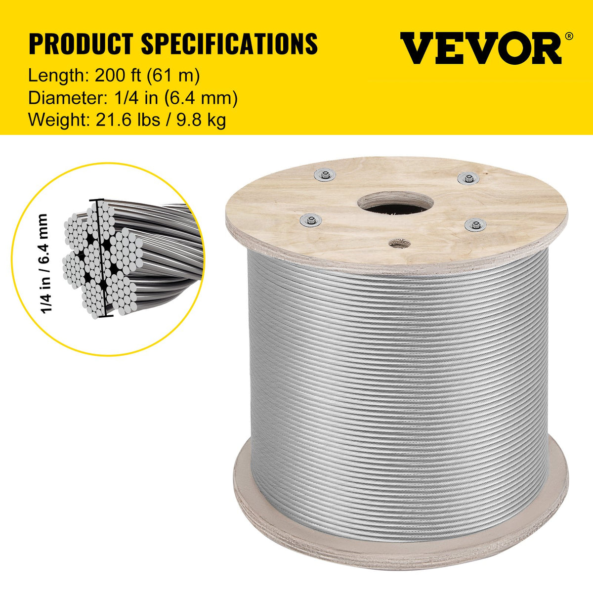 1/4" rostfri stålvajer 200FT, T304 7x19 tätare kärnvajer, räckessystem, ståltråd, flygplansdäcksräcke, stängseltråd