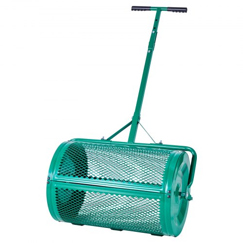 Kompostspridare, 60 cm bred torvmossspridare med tryck-/draghandtag, justerbar i 4 höjder, pulverlackerad ståltorvvält för trädgårdsbruk, kraftiga gräsfröspridare för plantering och sådd