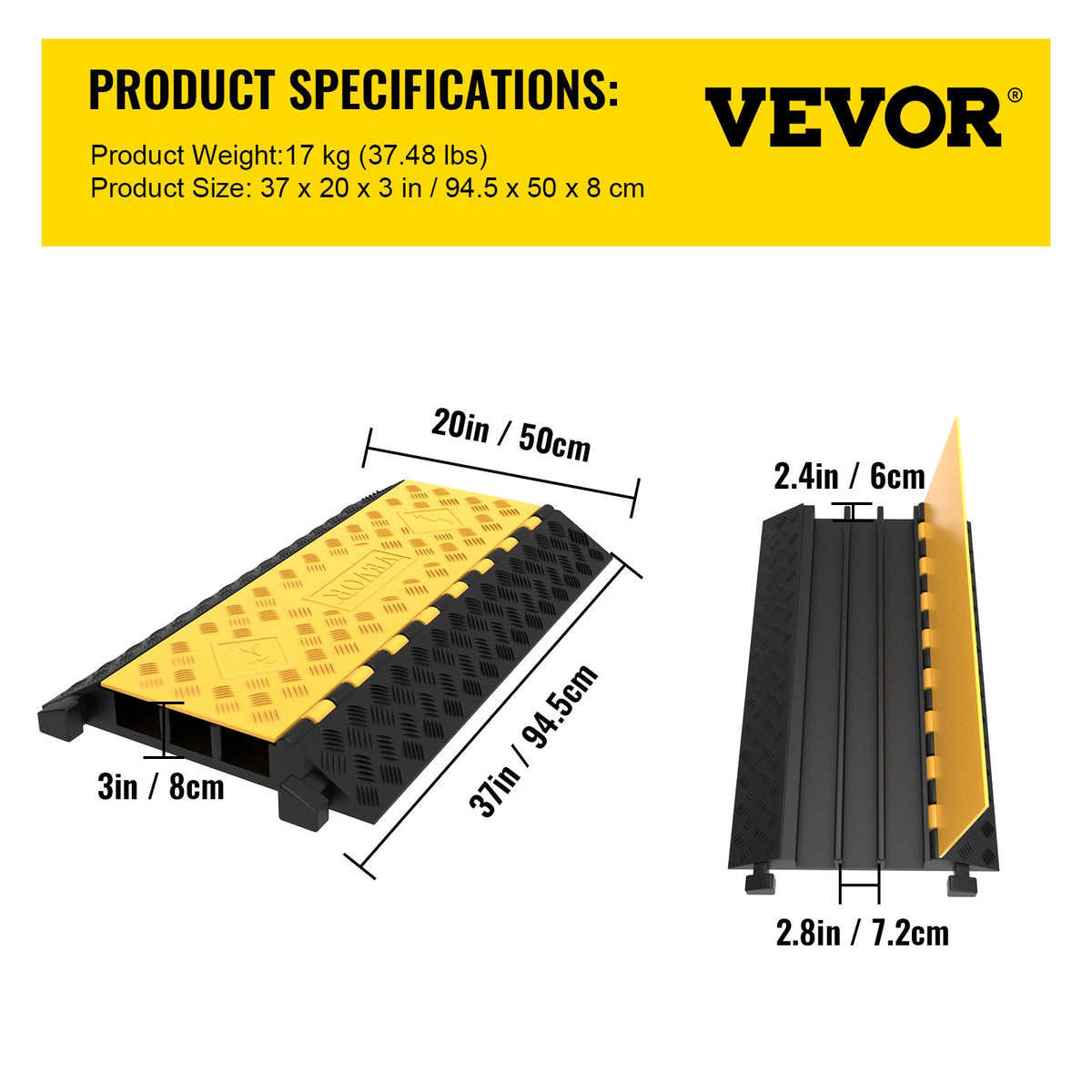 3 Channel Rubber Cable Protector Ramp 94.5x50x8 cm Heavy Duty Cable Wire Cord Cover Ramp Speed Bump Driveway Hose Cable Ramp Protective Cover