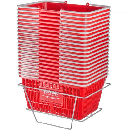 Kundkorgar, set om 20, 21 liters hållbara plastmatkorgar med handtag och stativ, 16,5 x 11,8 x 8,27 tum, bärbar varukorg, bulk, används för butik, stormarknad, matinköp, röd