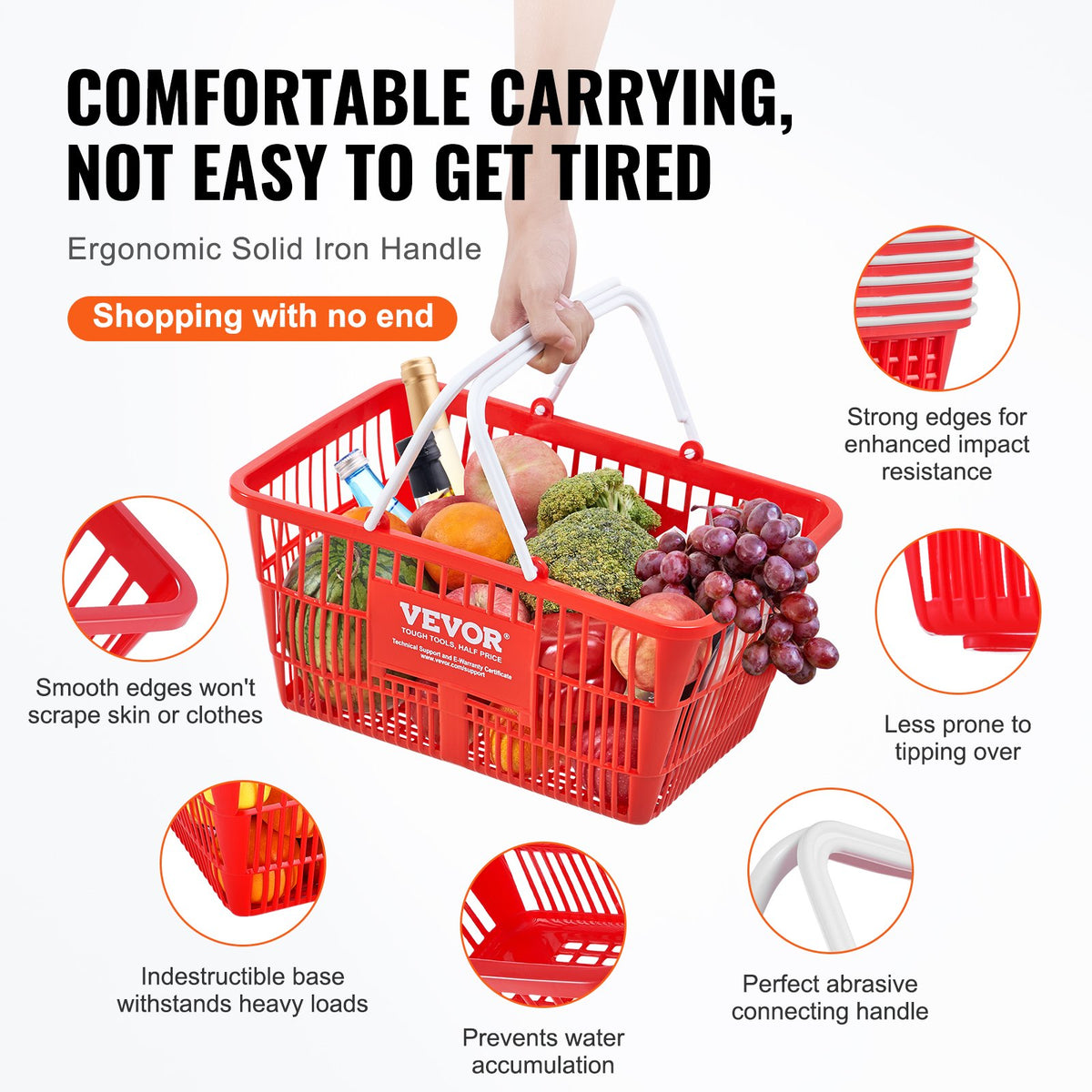 Kundkorgar, set om 20, 21 liters hållbara plastmatkorgar med handtag och stativ, 16,5 x 11,8 x 8,27 tum, bärbar varukorg, bulk, används för butik, stormarknad, matinköp, röd