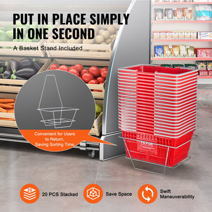 Kundkorgar, set om 20, 21 liters hållbara plastmatkorgar med handtag och stativ, 16,5 x 11,8 x 8,27 tum, bärbar varukorg, bulk, används för butik, stormarknad, matinköp, röd