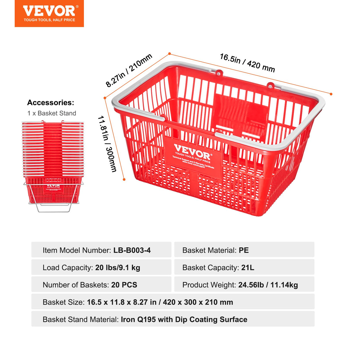 Kundkorgar, set om 20, 21 liters hållbara plastmatkorgar med handtag och stativ, 16,5 x 11,8 x 8,27 tum, bärbar varukorg, bulk, används för butik, stormarknad, matinköp, röd