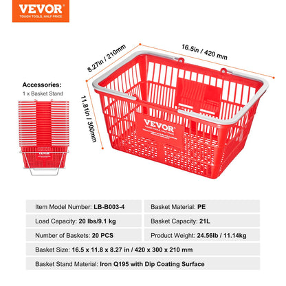Kundkorgar, set om 20, 21 liters hållbara plastmatkorgar med handtag och stativ, 16,5 x 11,8 x 8,27 tum, bärbar varukorg, bulk, används för butik, stormarknad, matinköp, röd
