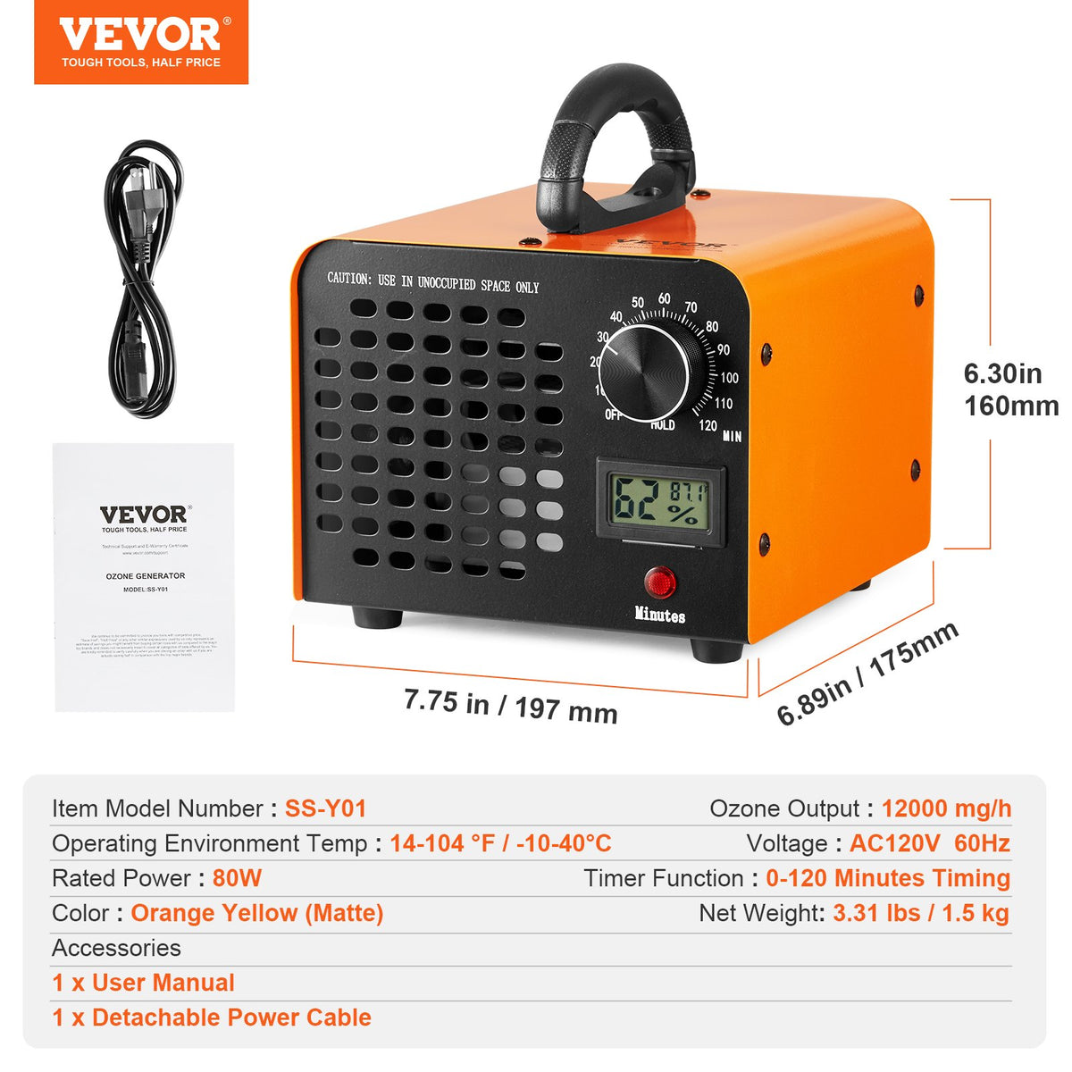 Ozone Generator, 12000mg/h Ozone Machine Odor Remover, High Capacity Commercial/Industrial Ozone Generator Machine, Home Air Ionizers Deodorizer with 0-120 min Time Setting for Rooms, Cars, Pets