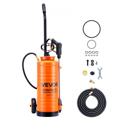 Industriell betongspruta med hjulvagn, 14L spruta i rostfritt stål, kraftiga trippelsprutor med pump, 52 cm skaft, 1,2m och 3m slangar, 2 mässingsmunstycken för bygg, gräsmatta och trädgård