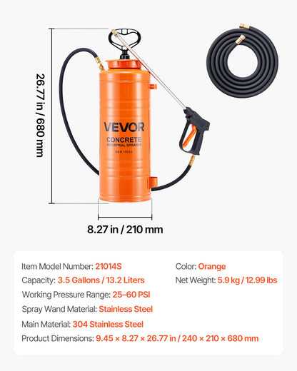 Industriell betongspruta, 14L spruta i rostfritt stål, kraftiga trippelpumpsprutor, 52 cm skaft med ergonomiskt pistolhandtag, 1,2m och 3m slangar, 2 mässingsmunstycken för bygg och trädgård
