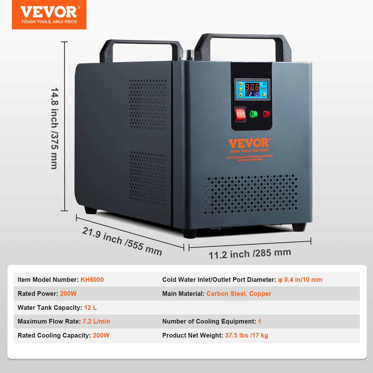 Industrial Water Chiller, KH-6000, 200W Industrial Water Cooler Cooling System with Compressor 12 L Water Tank Capacity 7.8 L/min Max Flow Rate, for CO2 Laser Engraving Machine Cooling Machine