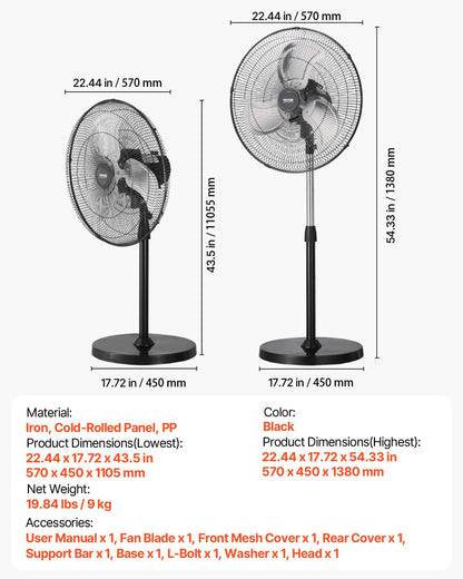 Industrial Pedestal Fan, 20 Inch 90-Degree Oscillating Fan, Height Adjustable Standing Fans with 3 Adjustable Speeds, High Power Floor Fans for Bedroom, Living Room, Home, Office, Black