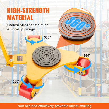 Machinery Skate Dolly, 6614 LBS/3T Industrial Machinery Mover with Handle, Carbon Steel Machinery Moving Skate with 3 360° Swivel PU Wheels, 360° Rotation Non-Slip Cap for Warehouse, Workshop