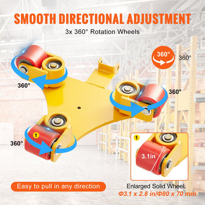 Machinery Skate Dolly, 6614 LBS/3T Industrial Machinery Mover with Handle, Carbon Steel Machinery Moving Skate with 3 360° Swivel PU Wheels, 360° Rotation Non-Slip Cap for Warehouse, Workshop