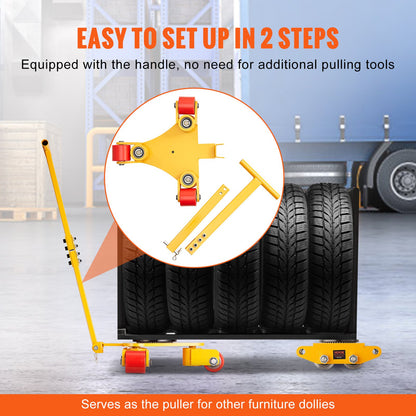 Machinery Skate Dolly, 6614 LBS/3T Industrial Machinery Mover with Handle, Carbon Steel Machinery Moving Skate with 3 360° Swivel PU Wheels, 360° Rotation Non-Slip Cap for Warehouse, Workshop