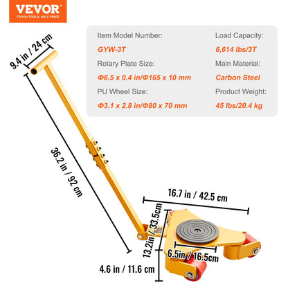 Machinery Skate Dolly, 6614 LBS/3T Industrial Machinery Mover with Handle, Carbon Steel Machinery Moving Skate with 3 360° Swivel PU Wheels, 360° Rotation Non-Slip Cap for Warehouse, Workshop