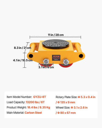 Maskinskridskovagn, 13 200 LBS/6T industriell maskinflytt, kraftig maskinflyttskridsko i kolstål med 4 PU-hjul och 360° roterande halkfritt lock för lager, verkstad, fabrik