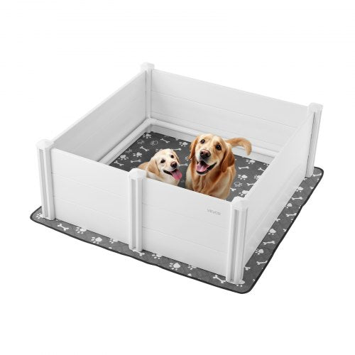 Valpningslåda för hundar, 112 x 112 x 48 cm, lekhage i plast/PVC för valpar med höjdjusterbar dörr och tvättbar kissdyna, deformationsresistent inomhuslek för valpar av stora raser, mjölkvit