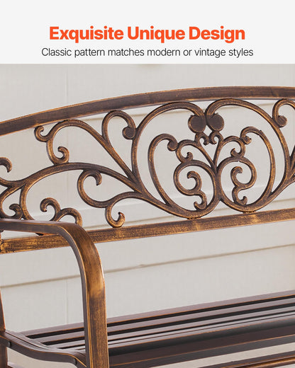 Outdoor Bench, 127 cm, Carbon Steel Metal Frame with Cast Iron Backrest and Round Edge Armrests, Weatherproof Outside Glider Bench for Patio, Garden, Park, Yard, Front Porch, Antique Bronze