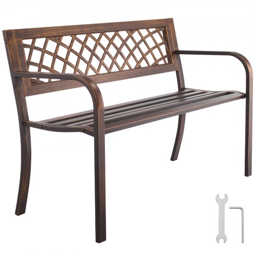 Outdoor Bench, 116 cm, Carbon Steel Metal Frame with PVC Mesh Pattern Backrest and Round Edge Armrests, Weatherproof Outside Bench for Patio, Garden, Park, Yard, Front Porch, Antique Bronze