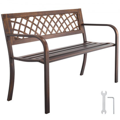 Outdoor Bench, 116 cm, Carbon Steel Metal Frame with PVC Mesh Pattern Backrest and Round Edge Armrests, Weatherproof Outside Bench for Patio, Garden, Park, Yard, Front Porch, Antique Bronze