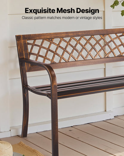 Outdoor Bench, 116 cm, Carbon Steel Metal Frame with PVC Mesh Pattern Backrest and Round Edge Armrests, Weatherproof Outside Bench for Patio, Garden, Park, Yard, Front Porch, Antique Bronze