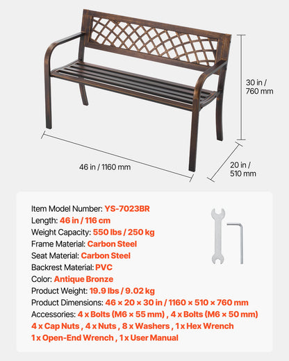Outdoor Bench, 116 cm, Carbon Steel Metal Frame with PVC Mesh Pattern Backrest and Round Edge Armrests, Weatherproof Outside Bench for Patio, Garden, Park, Yard, Front Porch, Antique Bronze