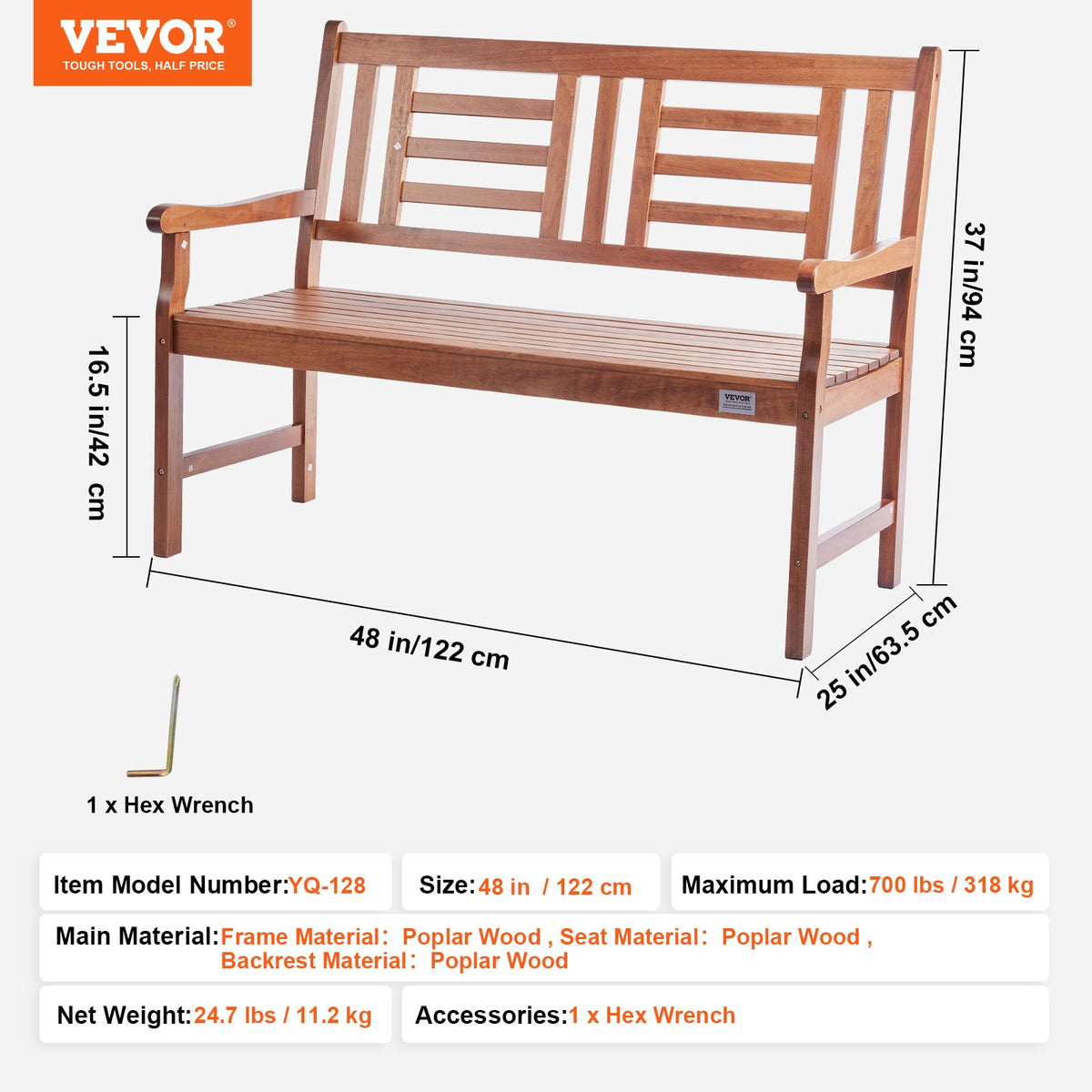 Utomhusbänk 48 tum/121,9 cm Trädgårdsbänk 700 lbs/317,5 kg Park Uteplats Veranda Bänk