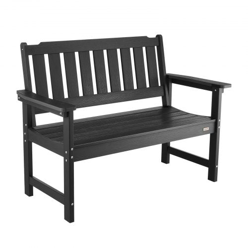 Utomhusbänk, 128 cm, 363 kg viktkapacitet för 2-3 personer, väderbeständig plastram med ryggstöd och breda armstöd, utomhusbänk för uteplats, trädgård, park, gård, veranda, svart