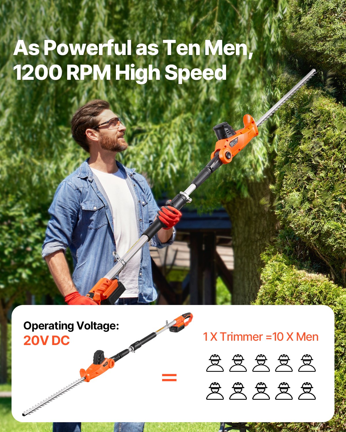 Elektrisk häcksax, 1200 varv/min, 1,8–2,2 m utdragbar, stånghäcksax för höga grenar, 20 V batteri, sladdlös häcksax med 50 cm blad, 5 justerbara vinklar för trädgården
