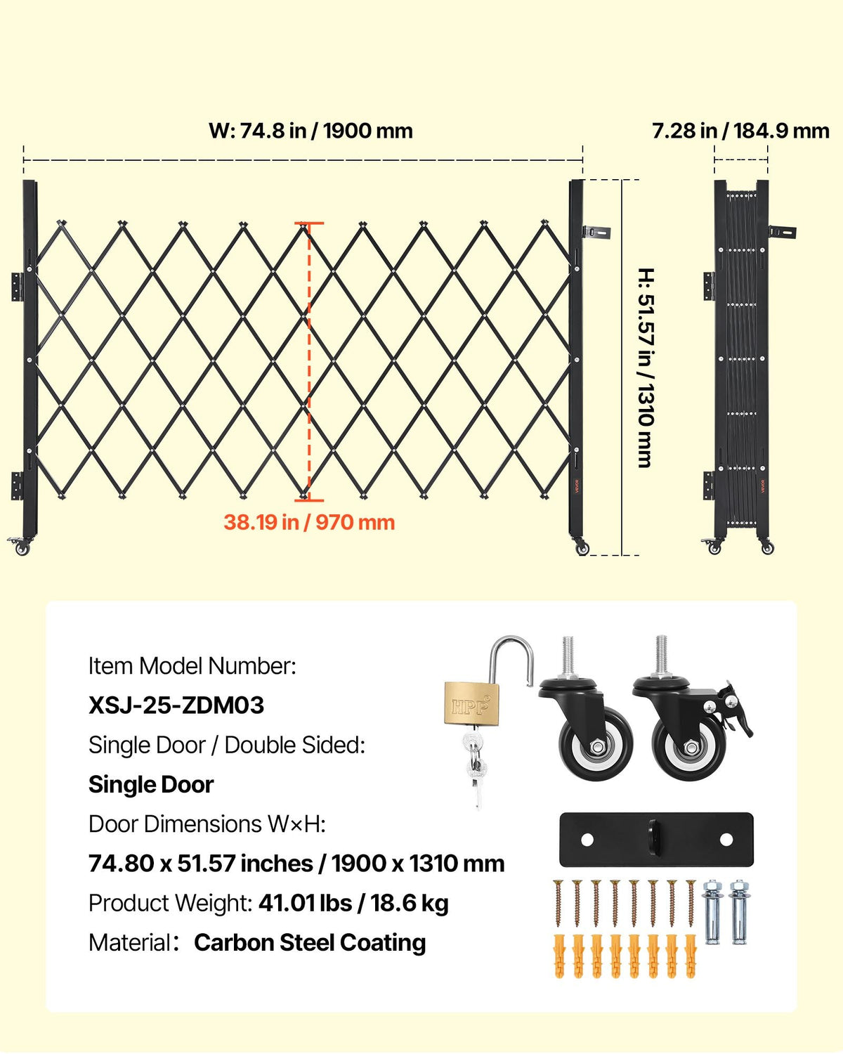 Enkel vikbar säkerhetsgrind, låsbar saxgrind med 360° svängbara hjul, utdragbara stålgrindar för utomhusbruk, för entrésäkerhet, garage, lager och pool, 190 × 131 cm (B × H)
