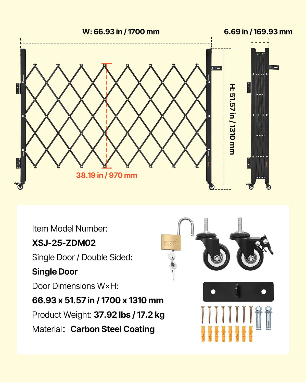 Enkel vikbar säkerhetsgrind, låsbar saxgrind med 360° svängbara hjul, utdragbara stålgrindar för utomhusbruk, för entrésäkerhet, garage, lager och pool, 170 × 131 cm (B × H)