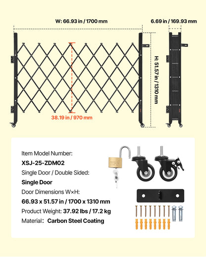 Enkel vikbar säkerhetsgrind, låsbar saxgrind med 360° svängbara hjul, utdragbara stålgrindar för utomhusbruk, för entrésäkerhet, garage, lager och pool, 170 × 131 cm (B × H)