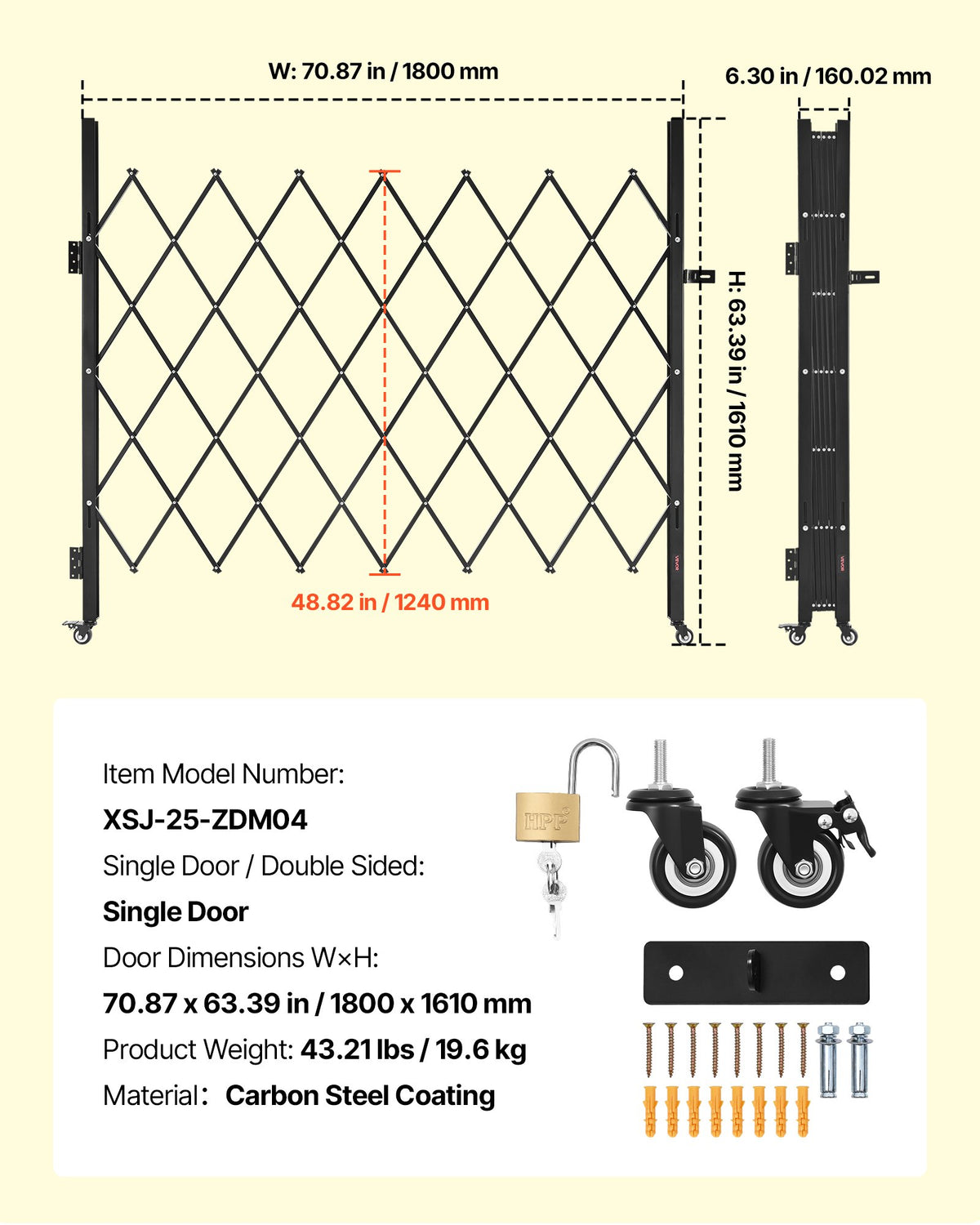 Enkel vikbar säkerhetsgrind, låsbar saxgrind med 360° svängbara hjul, utdragbara stålgrindar för utomhusbruk, för entrésäkerhet, garage, lager och pool, 180 × 161 cm (B × H)