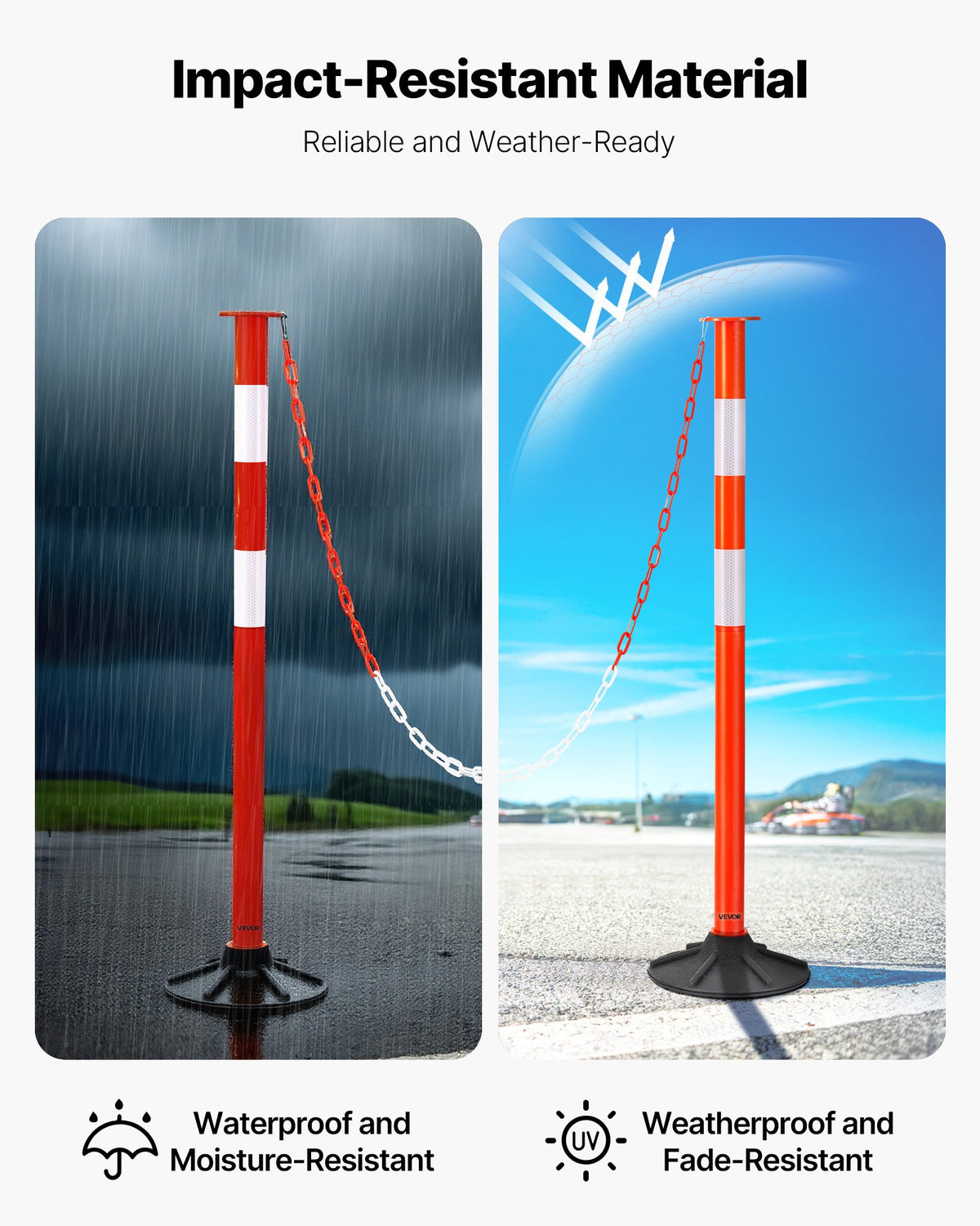 2-pack trafikavgränsningsstolpar, 871 mm trafiksäkerhetskoner med viktad bas, reflexremsor och kedja, kraftiga avgränsningsstolpar för byggarbetsplatser, parkeringsplatser, trängselkontroll, röd
