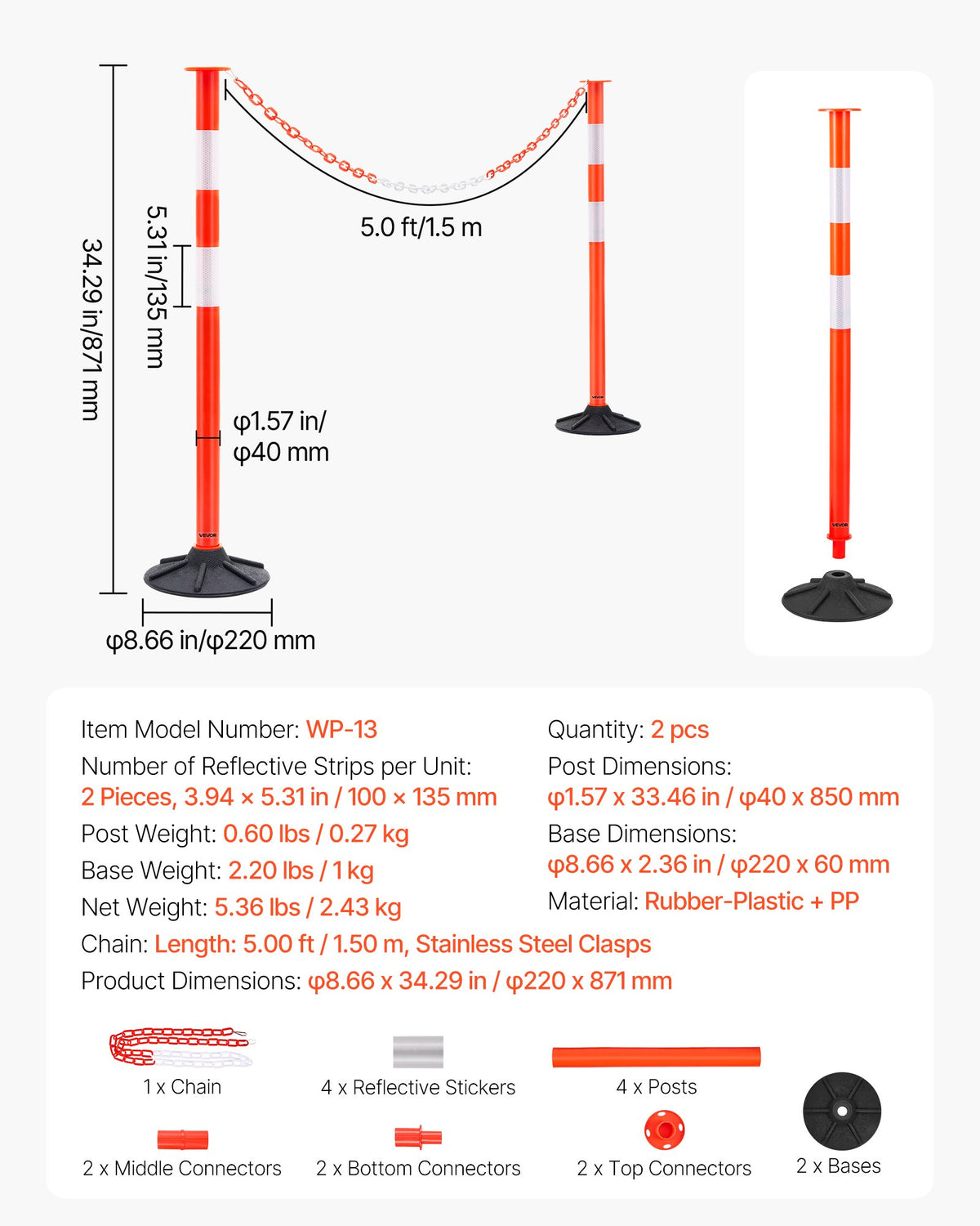 2-pack trafikavgränsningsstolpar, 871 mm trafiksäkerhetskoner med viktad bas, reflexremsor och kedja, kraftiga avgränsningsstolpar för byggarbetsplatser, parkeringsplatser, trängselkontroll, röd