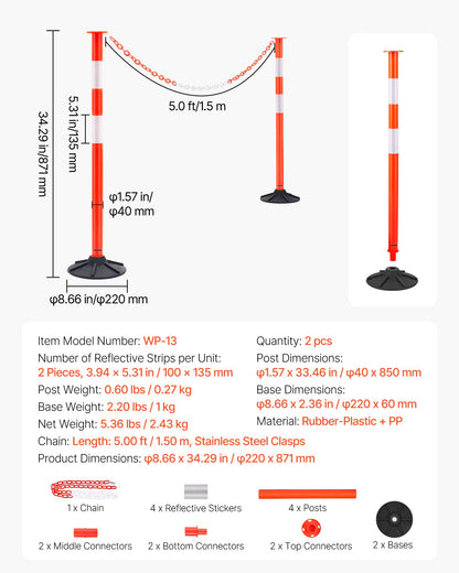 2-pack trafikavgränsningsstolpar, 871 mm trafiksäkerhetskoner med viktad bas, reflexremsor och kedja, kraftiga avgränsningsstolpar för byggarbetsplatser, parkeringsplatser, trängselkontroll, röd