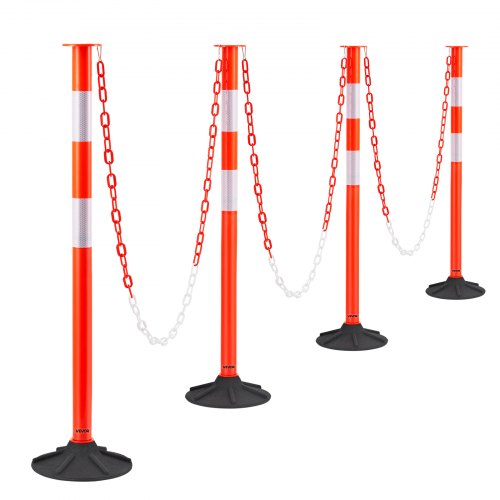 4-pack trafikavgränsningsstolpar, 871 mm trafiksäkerhetskoner med viktad bas, reflexremsor och kedja, kraftiga avgränsningsstolpar för byggarbetsplatser, parkeringsplatser, trängselkontroll, röd