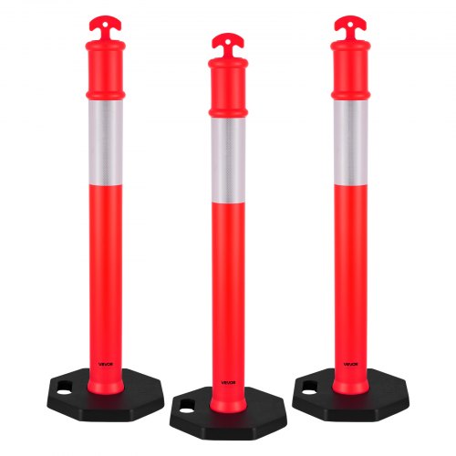 3-pack trafikavgränsningsstolpar, 1140 mm trafiksäkerhetskoner med viktad bas och reflexremsor, kraftiga avgränsningsstolpar för byggarbetsplatser, parkeringsplatser, trängselkontroll, röd