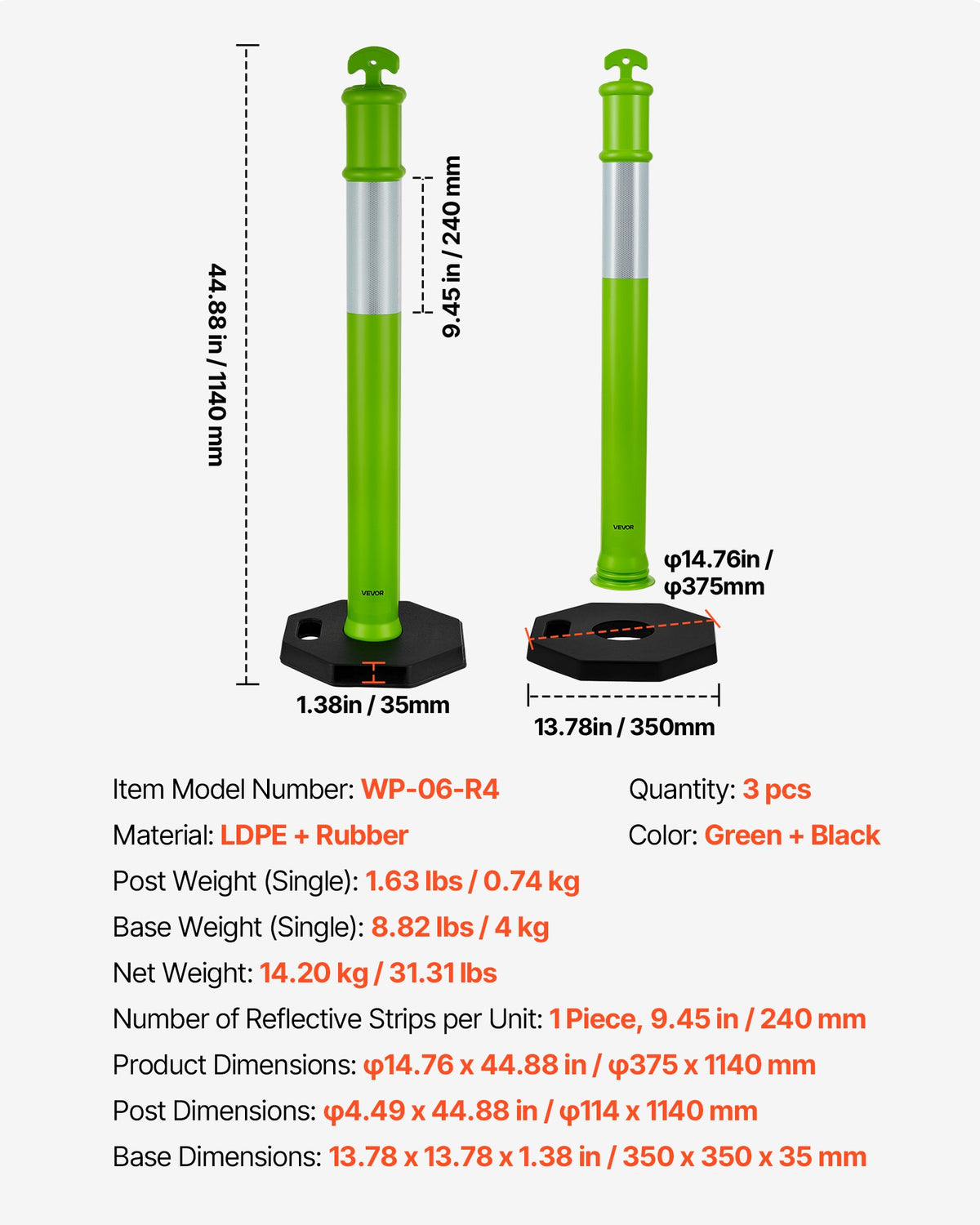 3 Pack Traffic Delineator Posts, 1140 mm Traffic Safety Cones with Weighted Base and Reflective Strips, Heavy Duty Delineator Posts for Construction Site, Parking Lot, Crowd Control, Green